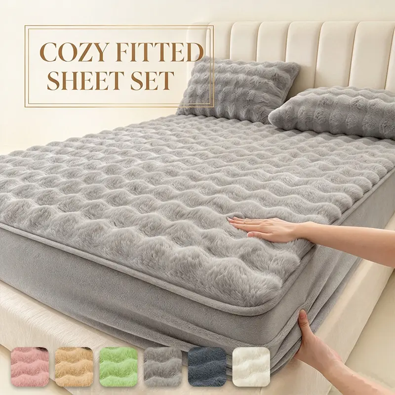 Fluffy Plush 3Pcs Fitted Sheet Set | Thick Warm Bubble Faux Rabbit Fur Deep Pocket Mattress Cover with Pillowcases, Cozy Winter Bedding Bedsheet Set