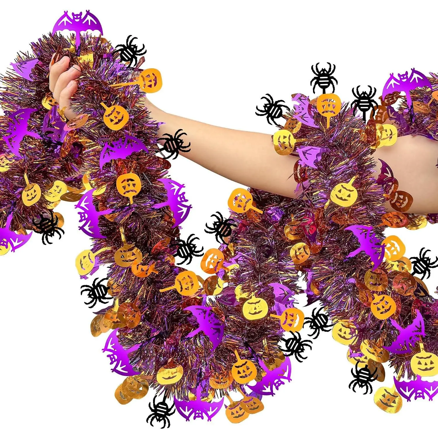 52.5 Ft Halloween Tinsel Garland Decorations, Pumpkin Spider Bat Shiny Metallic Twist Garland, Black Orange  Spooky Golf Cart  Garlands for Halloween Party  Mantle Tree Decor