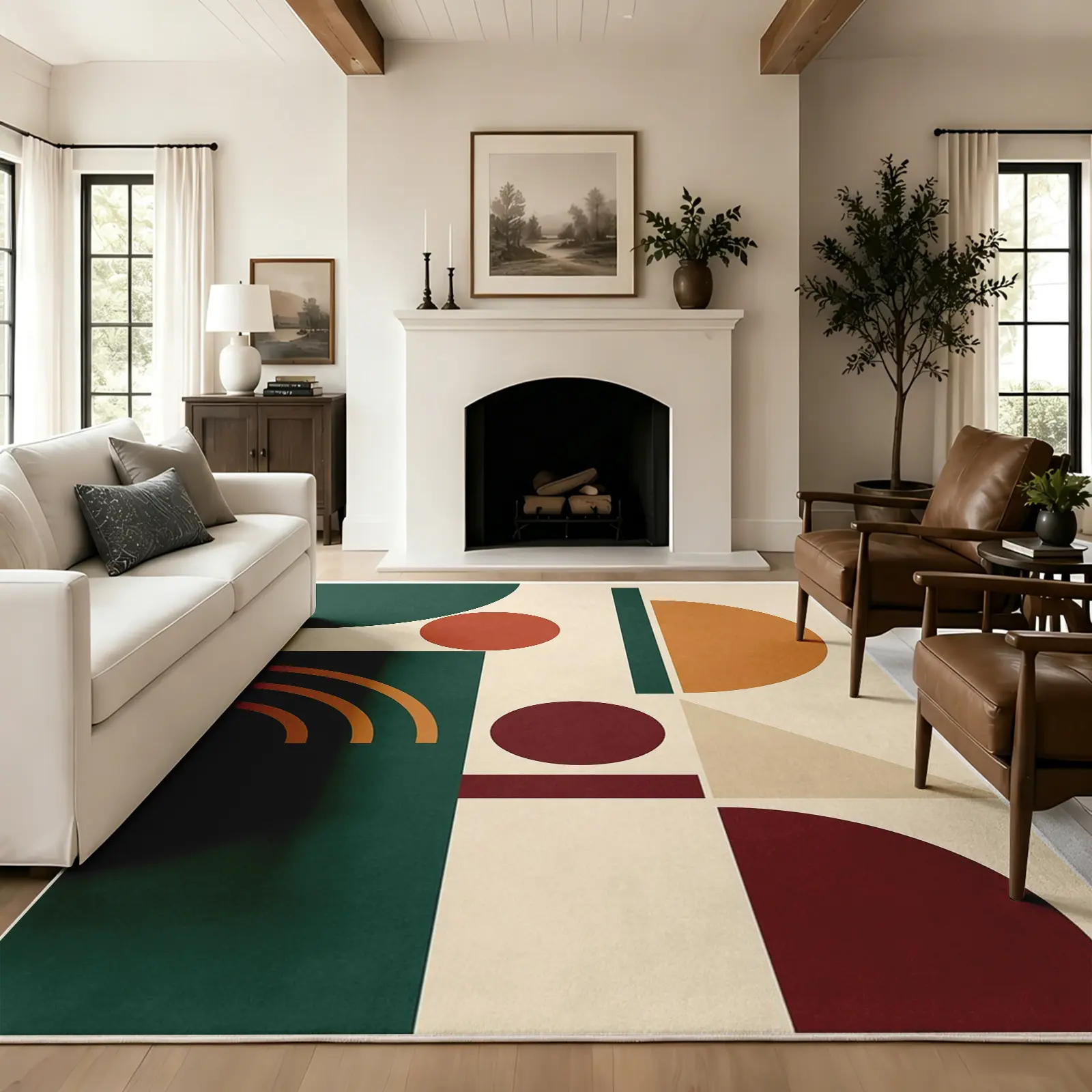 Geometric Collage Area Rug, Cream Ground with Abstract Overlapping Circles, Arcs and Rectangles in Warm Tones, Non-Slip Machine Washable Carpet, Durable Soft Low Pile Mat, Rugs for Living Room Bedroom Room Decor, 8 x 10 ft Area Rugs