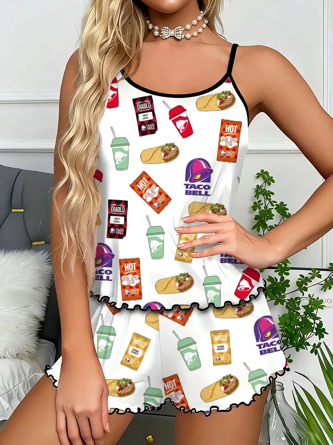 Women's Sexy Pajama Set, Taco Bell Food Print, Slim-Fitting Two-Piece Sleepwear, All over Print, Comfortable Nightwear for Women, Pjs