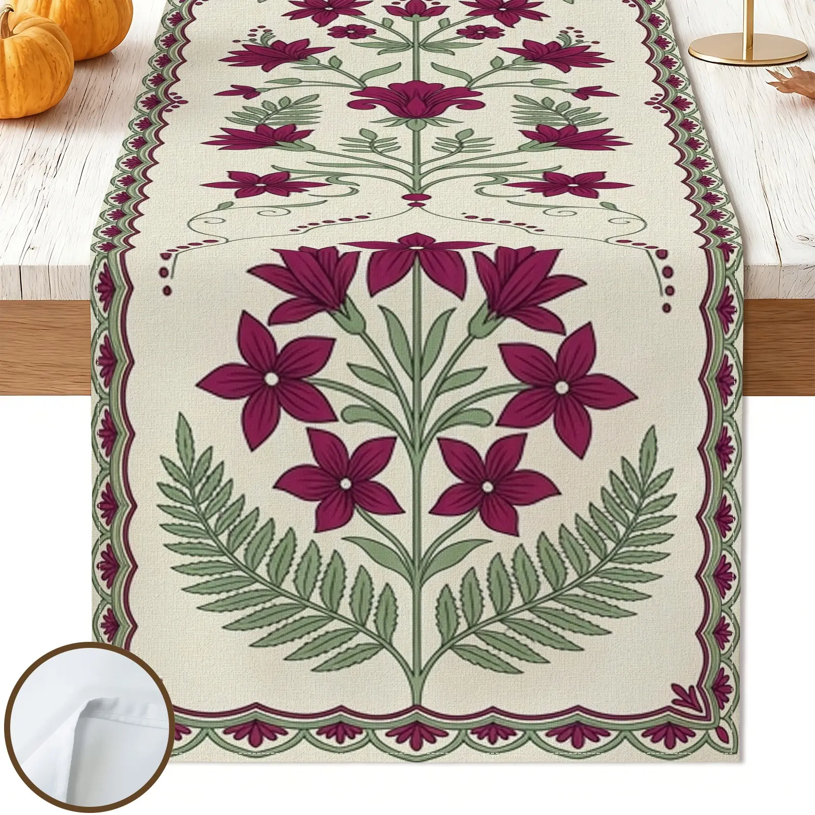 1pc Floral Green Leaves Table Runner, Vintage Style, Decorative Border and Repeating Pattern, for Dining Table Kitchen Decor Home Decor Thanksgiving Dinner