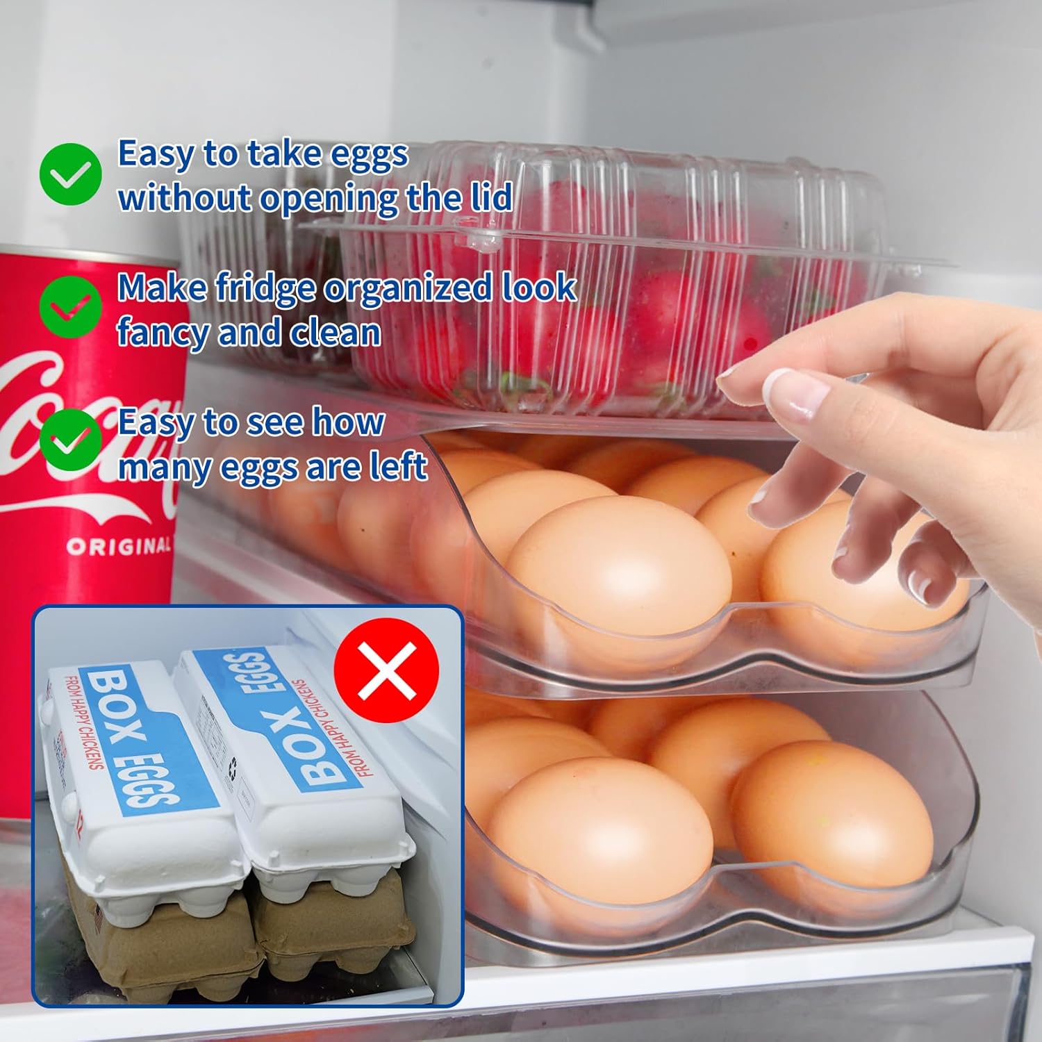 Egg Holder for Fridge, Automatic Rolling Egg Organizer for Refrigerator, Clear Plastic Egg Container & Tray, Stackable Dispenser and Storage Bin with Sturdy Lid to Saving Space -2 Layer