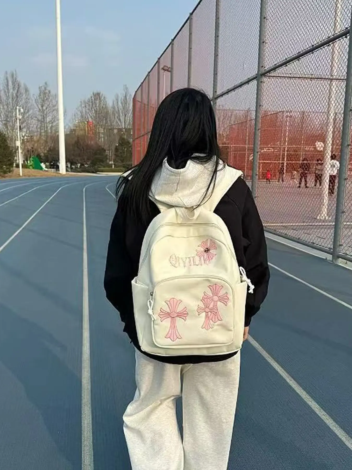 Unisex Crossbody Bag with Unique Cross Stitch Design, American Lettering Backpack, Korean Style School Bag for Couples