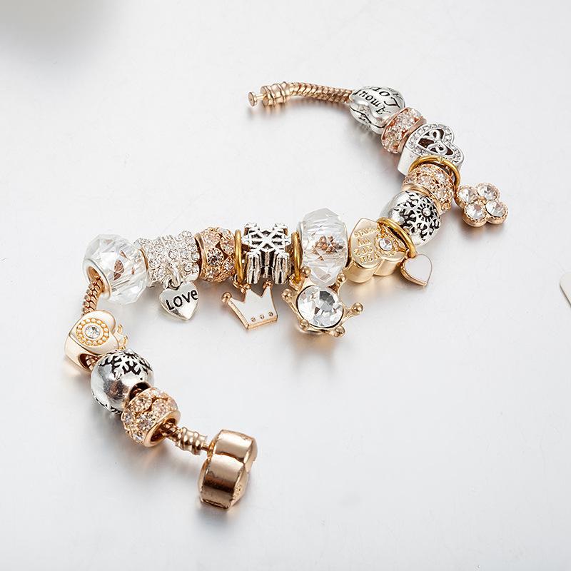 Beaded Crystal Bracelet with Crown, Heart & Snowflake Charms, Elegant Fashion Jewelry for Women, Perfect for Daily Wear, Parties & Gifting