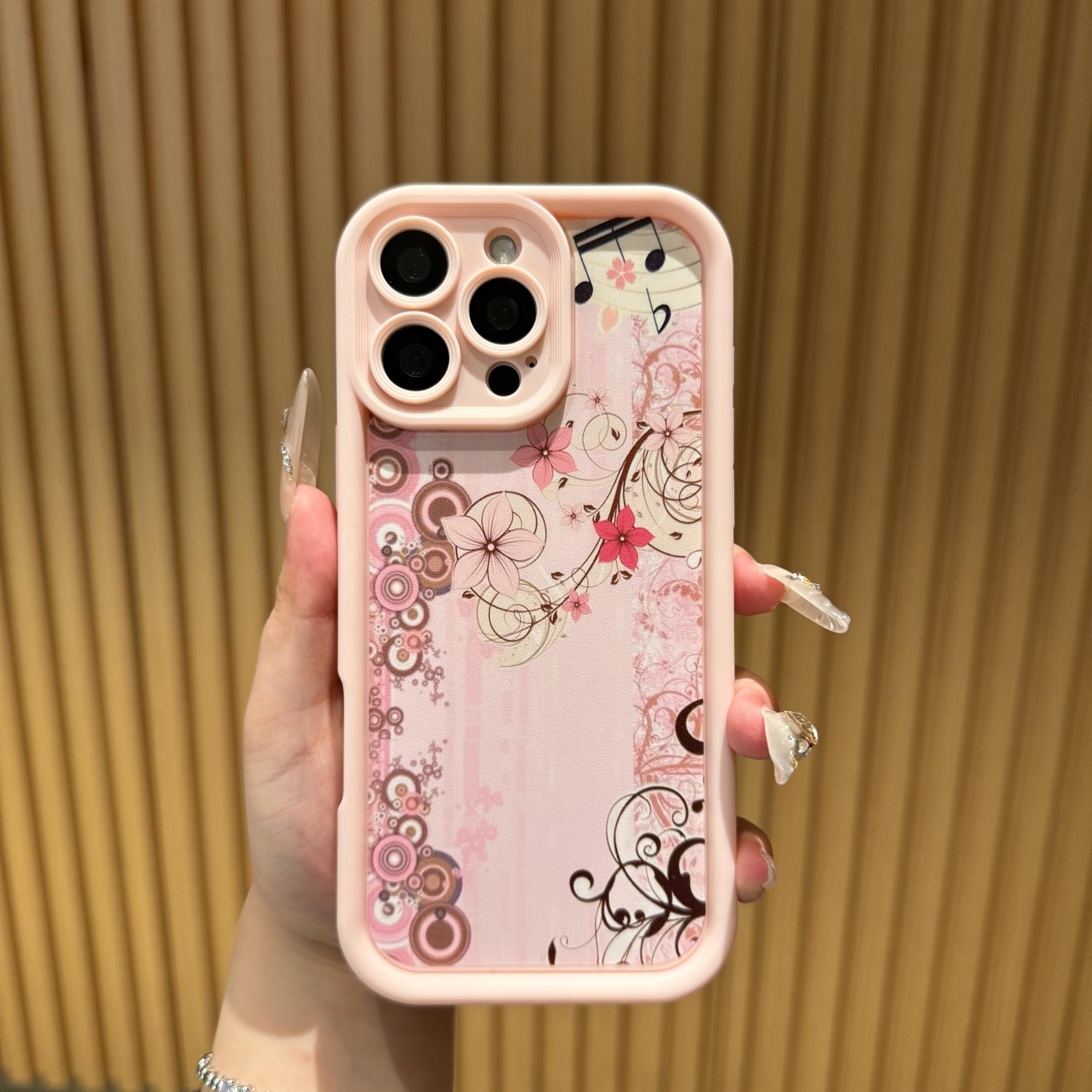 Vintage Pink Music Notes Phone Case – Aesthetic Floral Musical Score Design Shockproof Protective Cover for iPhone 7/8/X/XS/XR/XS Max/11/12/13/14/15 Pro Max/16 Pro Max/17 Pro Max/Air & Samsung Galaxy