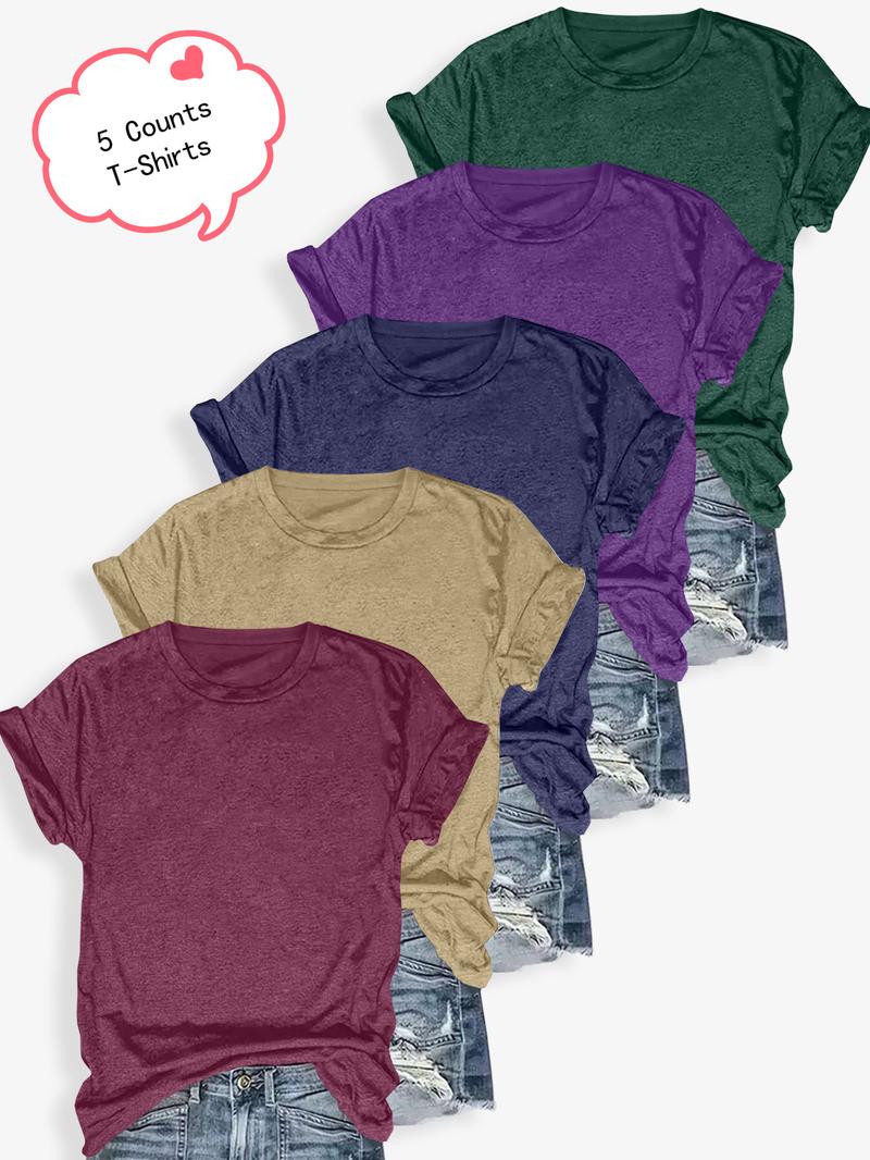 Women's Solid Color Round Neck Tee, Casual Short Sleeve Crew Neck T-shirt for Summer, Ladies Clothes for Daily Wear