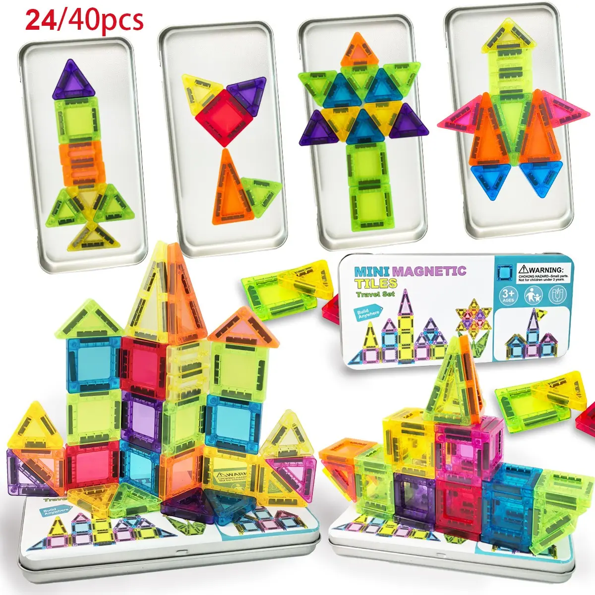 Mini Magnetic Tiles, 24/40PCS Magnetic Building Blocks with Iron Box, Magnet Toys Travel Size On-The-Go Construction Set STEM Travel Toys for Boys and Girls Ages 3+