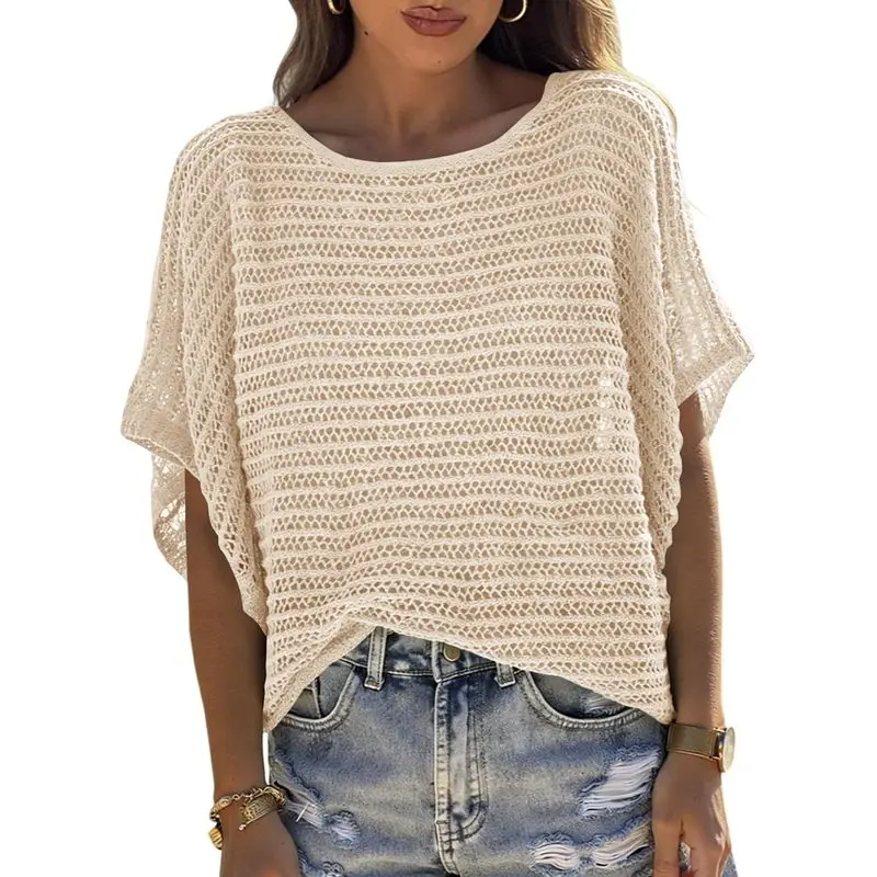 Women’s Crochet Short Sleeve Sweater Top, Hollow-Out Scoop Neck Knit Pullover, Boho Beach Cover-Up for Vacation, Resort, Festival & Summer Outfits