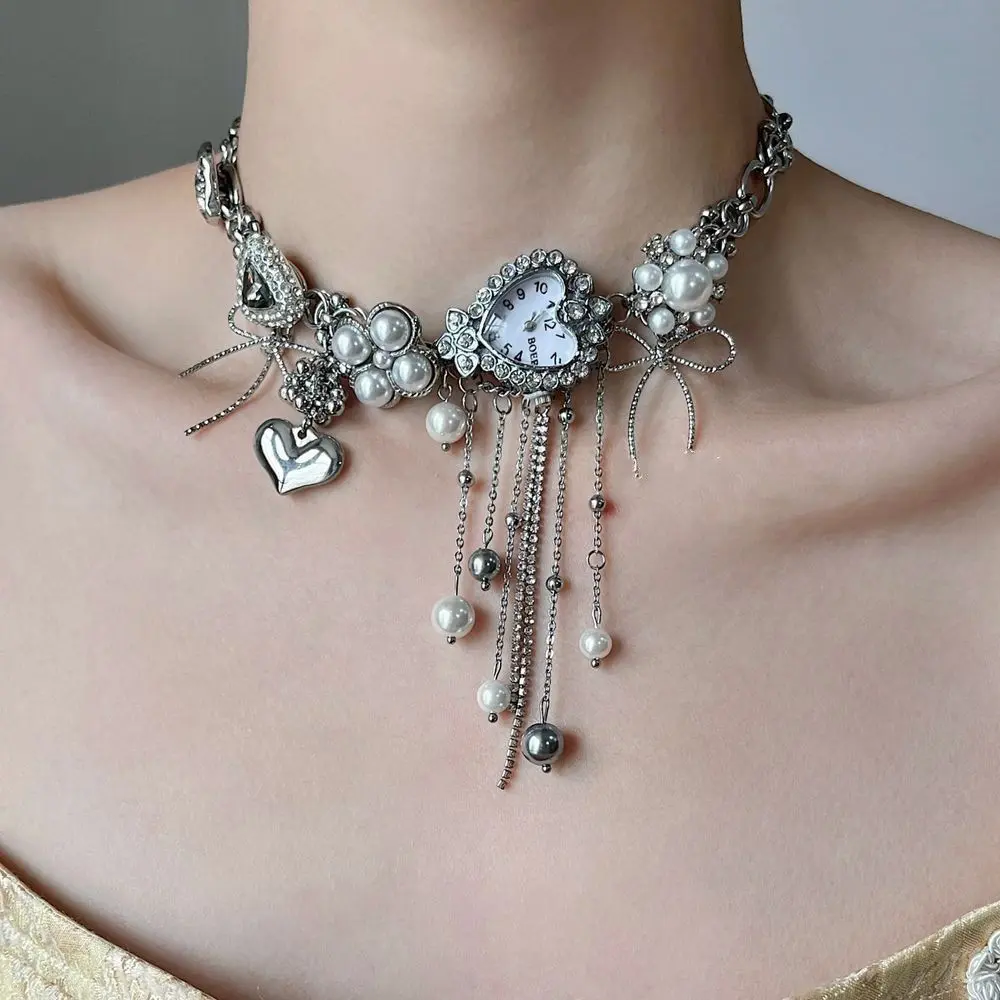 Vintage Heart Clock Dial Rhinestone Inlaid Faux Pearl Choker, Gothic Punk Metal Bowknot Solid Heart Multi-Length Tassel Layered Necklace, Alt Y2K Grunge Hand Spliced Adjustable Close-Fitting Collarbone Choker Jewelry, Emo Necklaces