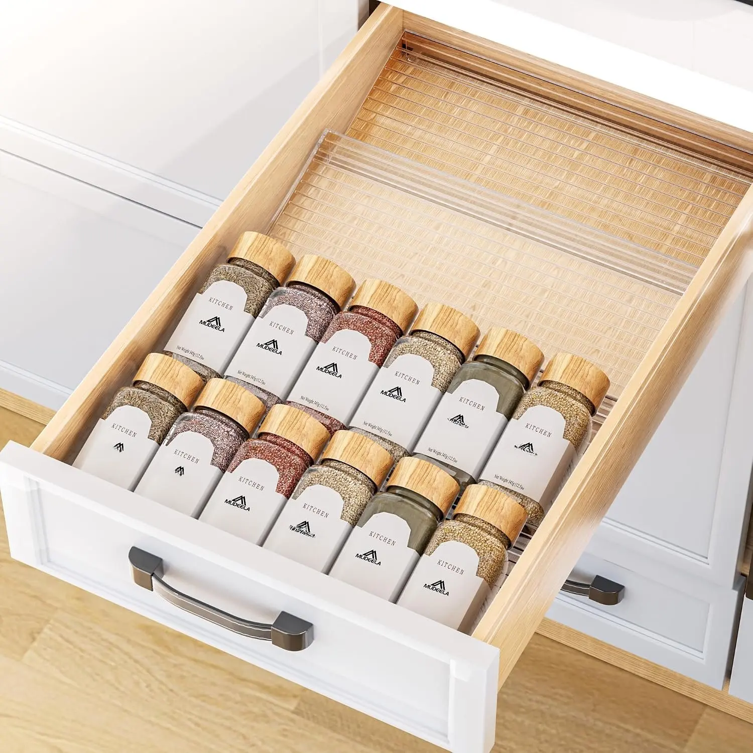 Clear  Drawer Organizer, 4 Tier (4 Packs)  Rack for Drawer, Expandable From 11" to 22" Kitchen Seasoning Organizers and Storage for Drawer (Jars not included)