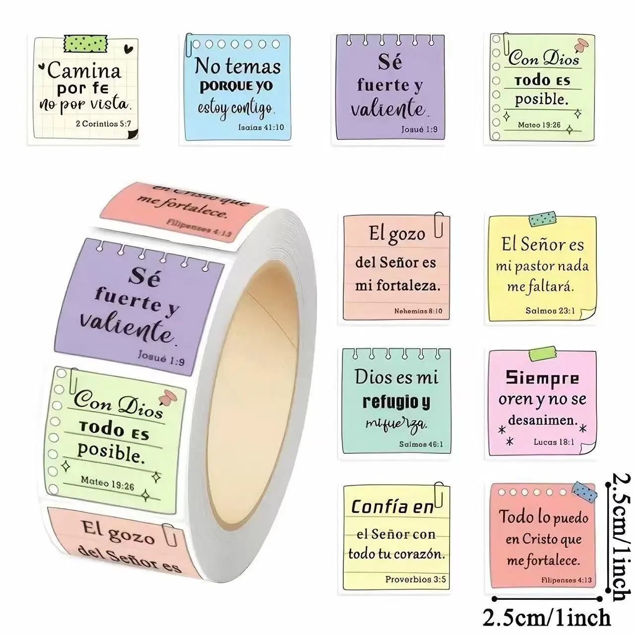 500 Pcs Spanish Bible Verse Stickers Roll, Inspirational Christian Note Style Stickers for Journals, Scrapbooking, Planners, Envelopes and Gift Packaging