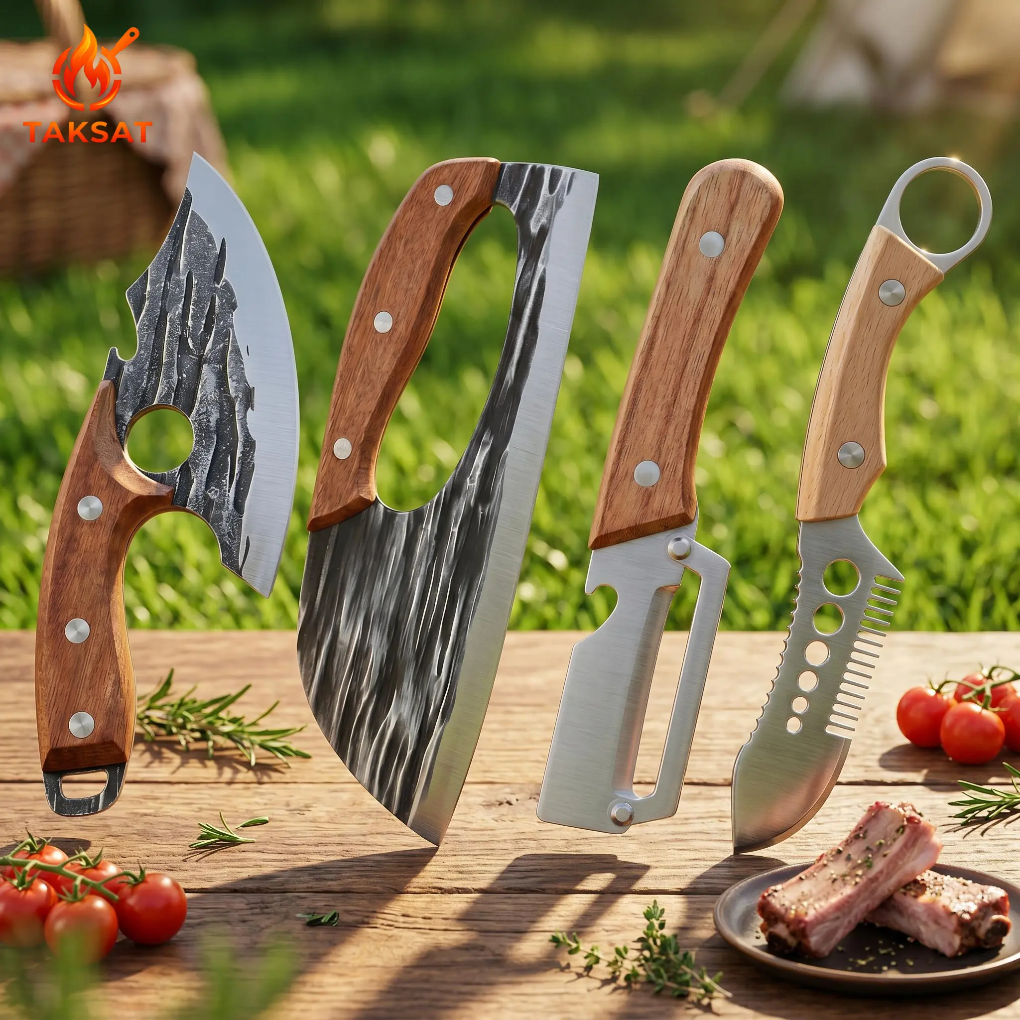 [4pcs-Buy 2 Get 2] Kitchen Knives, Forged Kitchen Knife Set - Forged Carbon Steel Cleaver Knife, Fruit & Veggie Peeler with Sharp Stainless Steel Blade, Stainless Steel Vegetable Peeler with Wooden Handle, Fish scale scraper, Ergonomic Non-Slip Handle.
