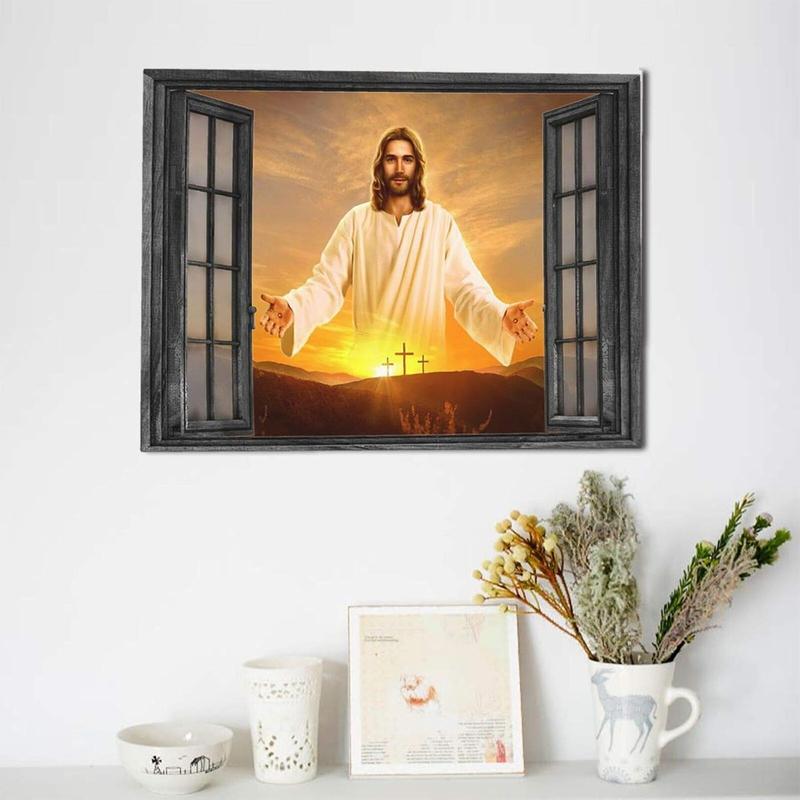 1 Count Jesus Christ Canvas Wall Art Jesus Greets You Welcome Back Window View Sunset Poster Christian Religious Modern Artwork Christ Spiritual Prints Framed Wall Decor For Bedroom Living Room 16x24inch