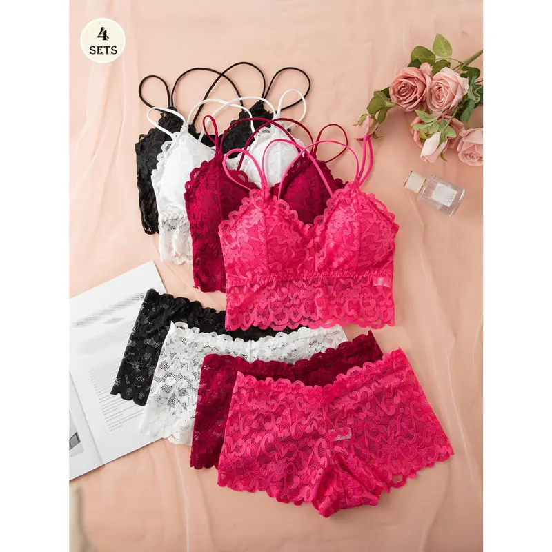 Women's 4PCS Sexy Lingerie Set - Polyamide Mix Fabric, Tight-Fitting Mixed-Color Lacy Underwear, Backless Bra with Strap Closure & Removable Pads, Shorts, Vest, Criss-Cross Solid Lace Waist Design