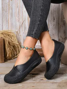Comfortable Women's Leather Slip-On Thick Sole Walking Shoes, Anti-Slip Rubber Outsole, Outdoor Daily Hiking Casual Female Shoes