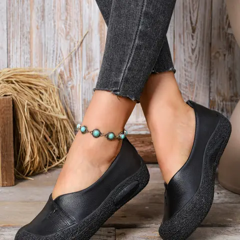 Comfortable Women's Leather Slip-On Thick Sole Walking Shoes, Anti-Slip Rubber Outsole, Outdoor Daily Hiking Casual Female Shoes, Rubber Slip Ons