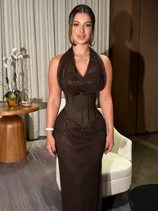Women's Vintage Sequined Corset Design Halter Backless Brown Dress, Elegant Party Evening Gown with Mesh Patchwork Bodycon Long Dress