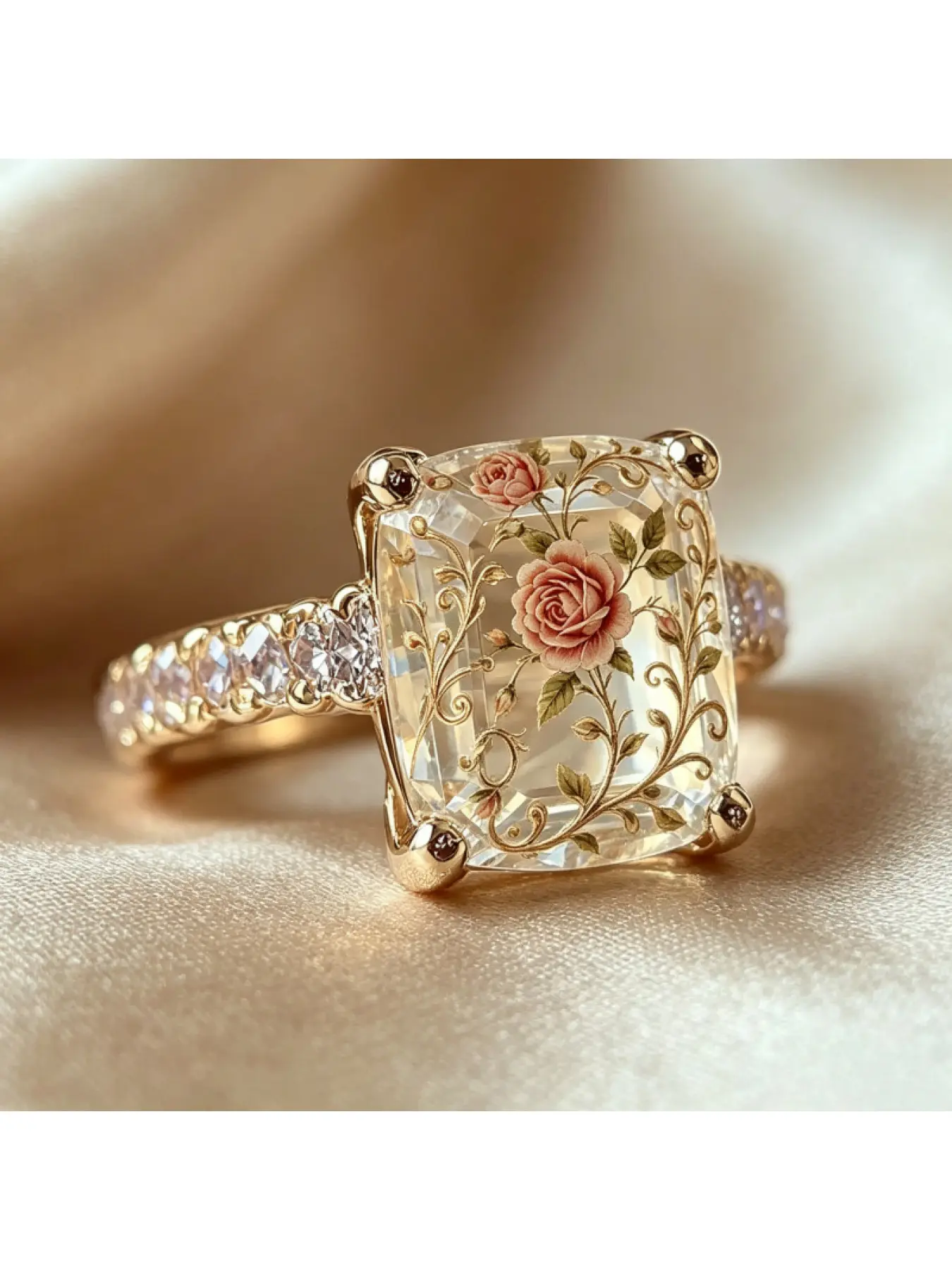 Retro court-style gold square open-bottom powder rose vine crystal ring with side-set diamonds, a luxurious, delicate, and versatile ladies' engagement banquet accessory for a high-class and atmospheric adornment
