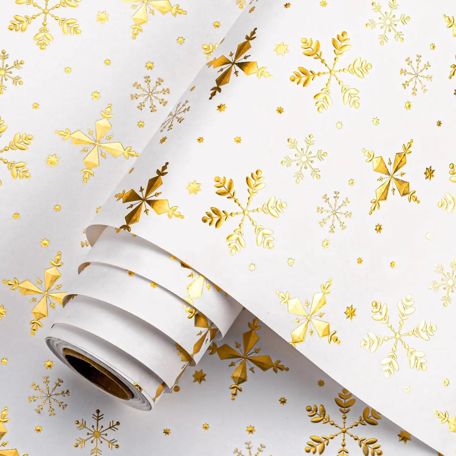 Christmas Wrapping Paper Roll -  Embossed  Foil Metallic Shine Snowfalkes  Wrap for Christmas, Winter Holiday,  Year Celebration - Mini Roll - 17 Inch x 33