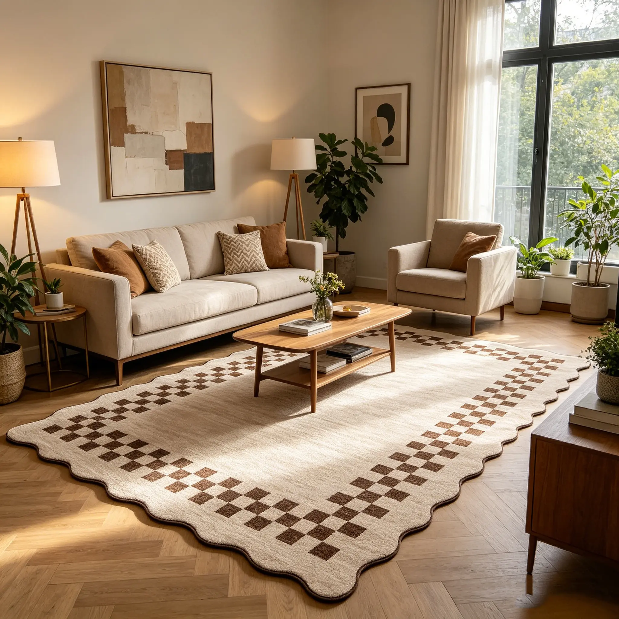 Minimalist Wavy Scalloped Edge Checkerboard Border Thin Low Pile Area Rug Non Slip Machine Washable Soft Pet Friendly Durable Modern Indoor Carpet for Living Room Bedroom Kitchen Dining Hallway Office Apartment Farmhouse High Traffic Rugs