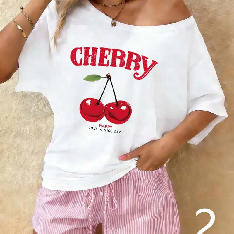 Women's 2-Pack Asymmetrical Off Shoulder Short Sleeve Top & Drawstring Waist Shorts Set, Soft Breathable Blend Fabric, Casual Daily Loungewear, White Navy Black & Stripe Print Available