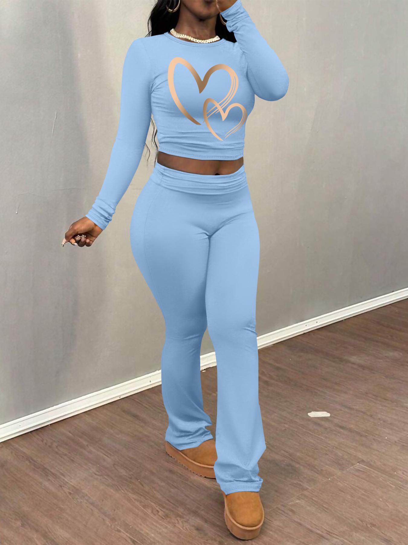 Women's Heart Print Long Sleeve Crop Tee & Flare Leg Pants Two-piece Set, Casual Fashion Round Neck Top & Bell Bottom Trousers for Daily Outdoor Wear, Women's Clothing for Fall & Winter