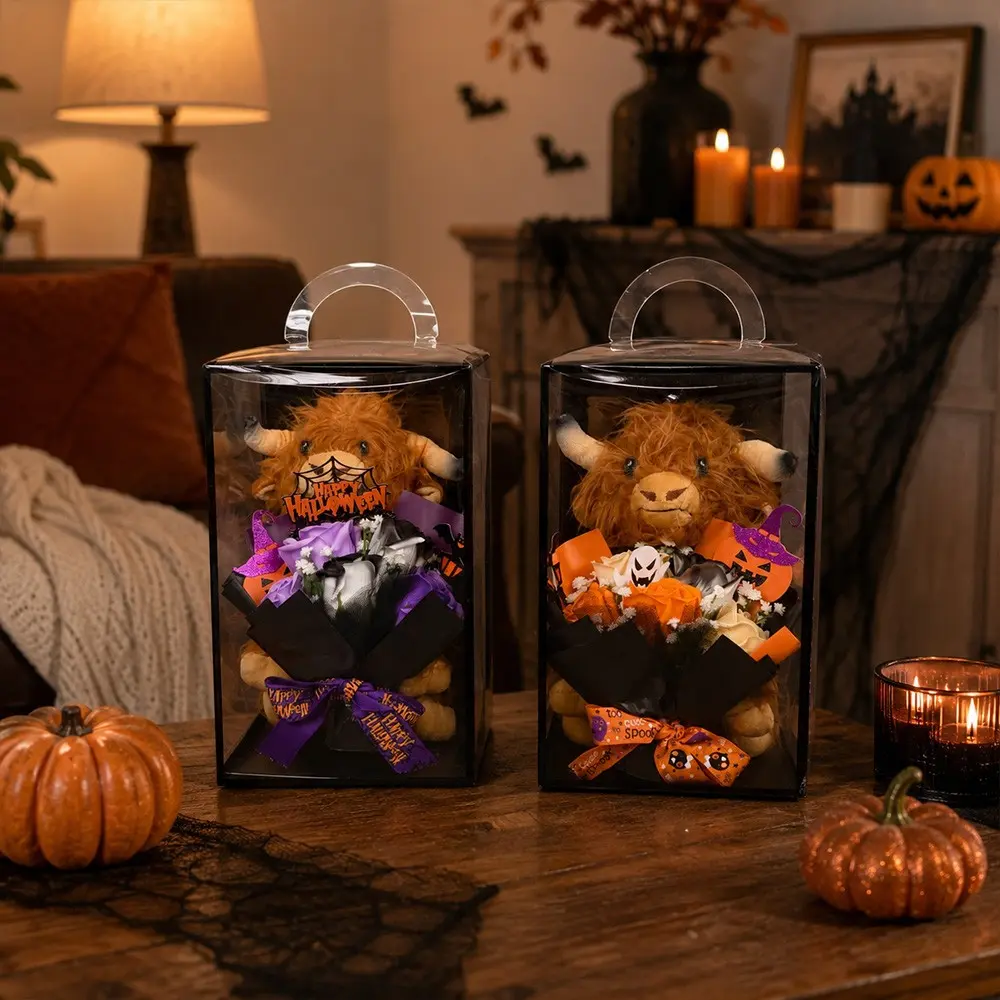 Halloween Highland Cow Bouquet Gift Box, Cute Highland Cow Plush with Pumpkin & GhostFlowers, Spooky Halloween Gift for Women, Fall Autumn Decor, Halloween Party Decoration