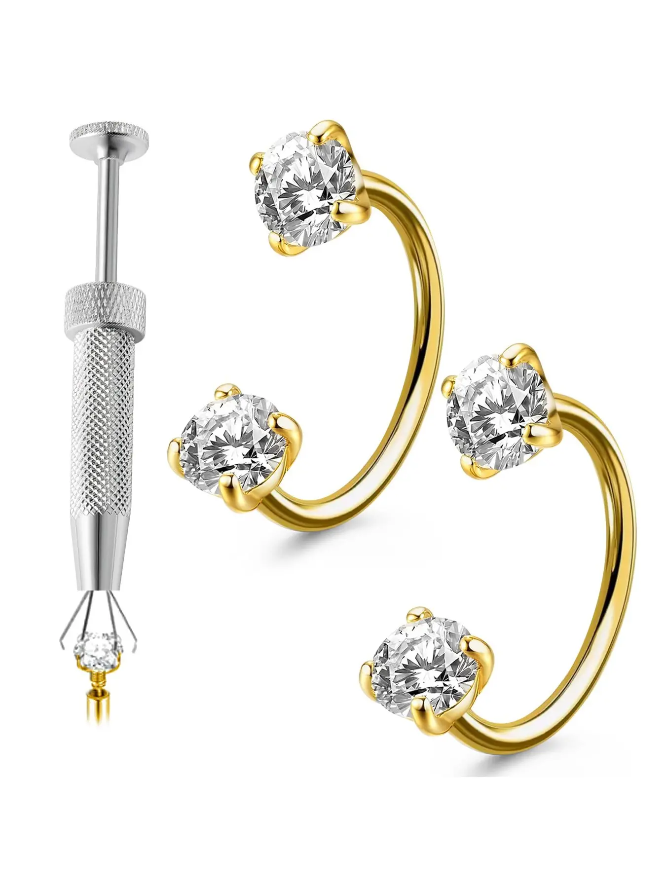 Double Gem Horseshoe Nose Ring, Nose Piercing Jewelry 20G 8mm with Piercing Taper Tool, Hypoallergenic 316L Stainless Steel Nickel-Free, Gold-Toned & Silver Set, Internally Threaded for Septum Cartilage Nostril Piercing Comfort Fit