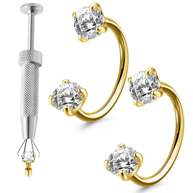 Double Gem Horseshoe Nose Ring, Nose Piercing Jewelry 20G 8mm with Piercing Taper Tool, Hypoallergenic 316L Stainless Steel Nickel-Free, Gold-Toned & Silver Set, Internally Threaded for Septum Cartilage Nostril Piercing Comfort Fit