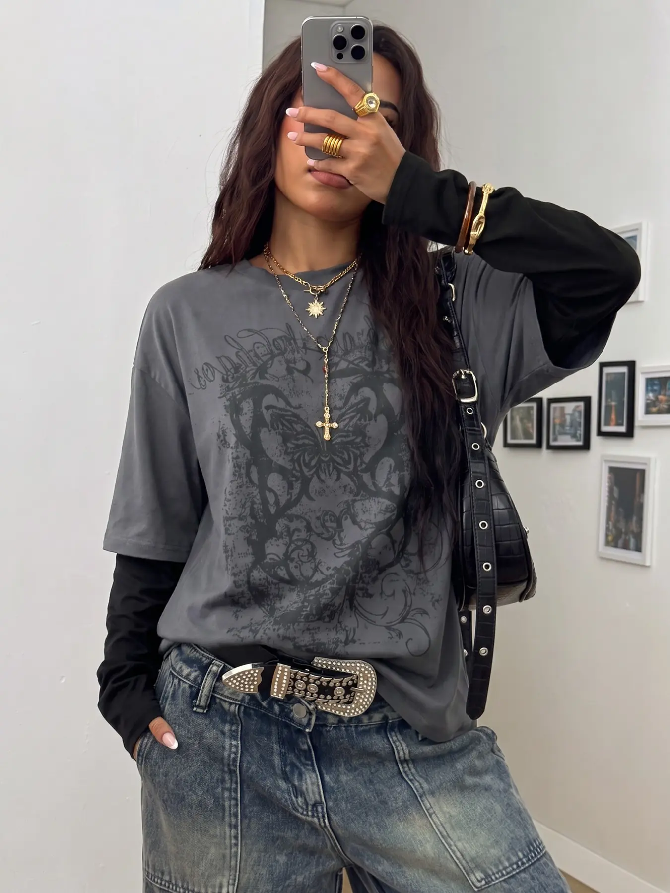 Women's Grey Vintage Butterfly Graphic Double Layer Long Sleeve T Shirt, Loose Oversized Fake Two Piece Tee, Y2K Grunge Streetwear Casual Top Match Baggy Jeans Daily Outfit