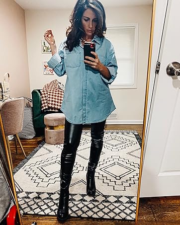 FMEYOA Women's Button Down Denim Shirt Casual Collared Long Sleeve Pocket Blouses