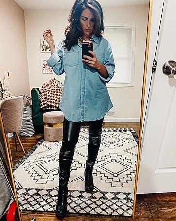 FMEYOA Women's Button Down Denim Shirt Casual Collared Long Sleeve Pocket Blouses