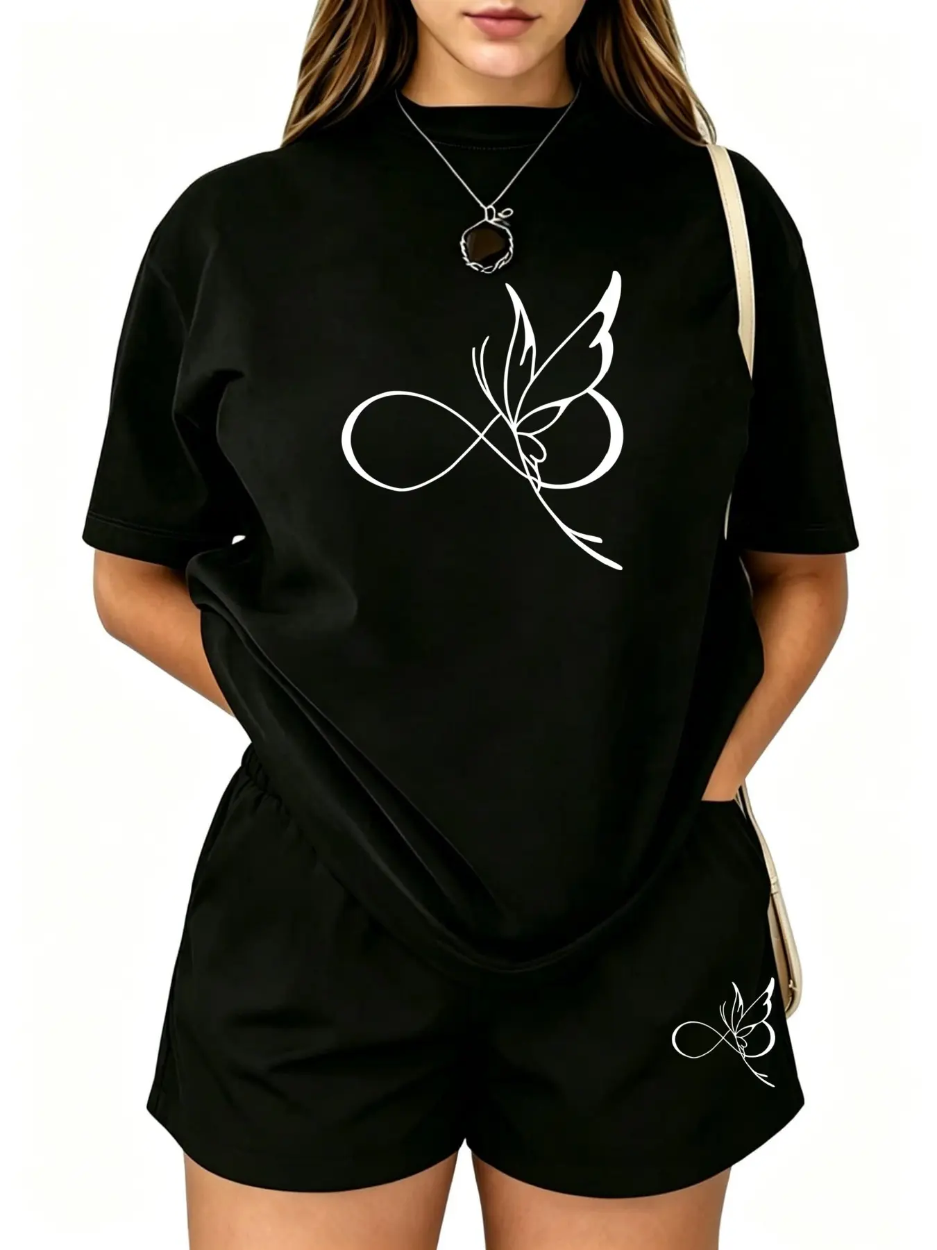Women's Summer Casual Two-Piece Set, Short Sleeve Shorts, Top, Artistic Infinity Butterfly Print, Breathable, Slimming, Versatile, Home & Office Wear