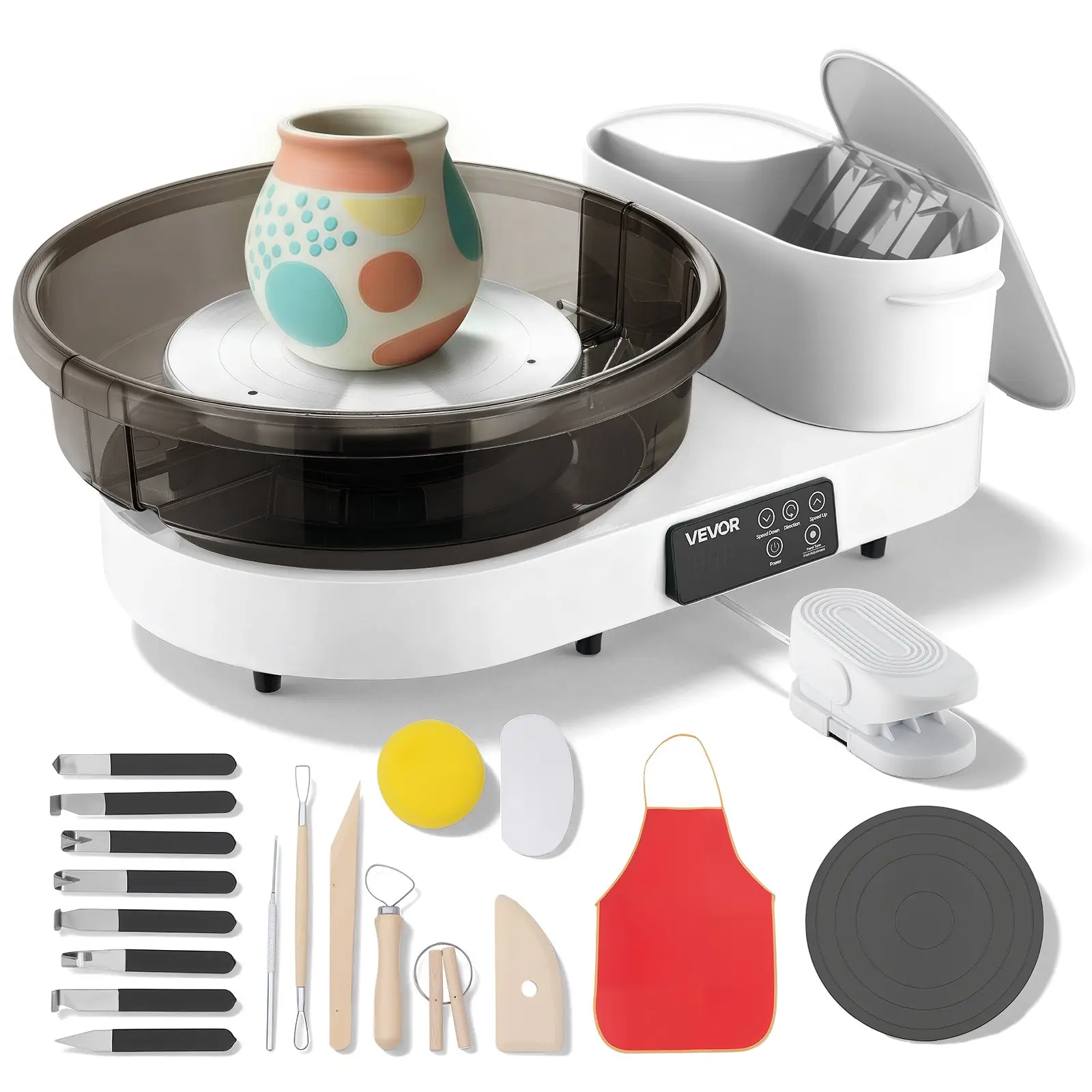 VEVOR Tabletop Pottery Wheel for Adults & Beginners, 14in-11in Turntables, 450W Electric Pottery Wheel with Foot Pedal, 30-300 RPM Adjustable Speed, Aluminum Body, for Clay Crafting, White