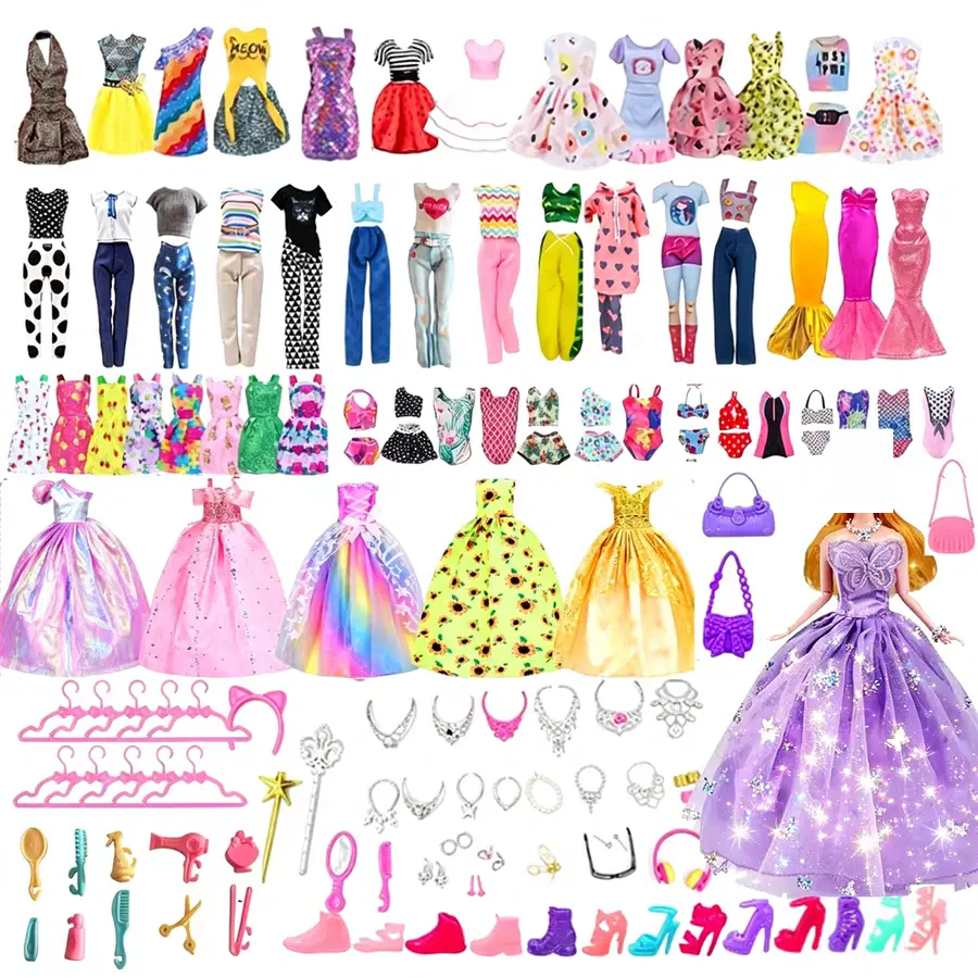 99 doll clothing items and accessories, including 3 wedding dresses, 7 fashion dresses, 4 casual sets (top and pants), 2 bikini swimsuits, 15 hangers, 15 pairs of shoes, and 53 accessories—an excellent gift for girls.