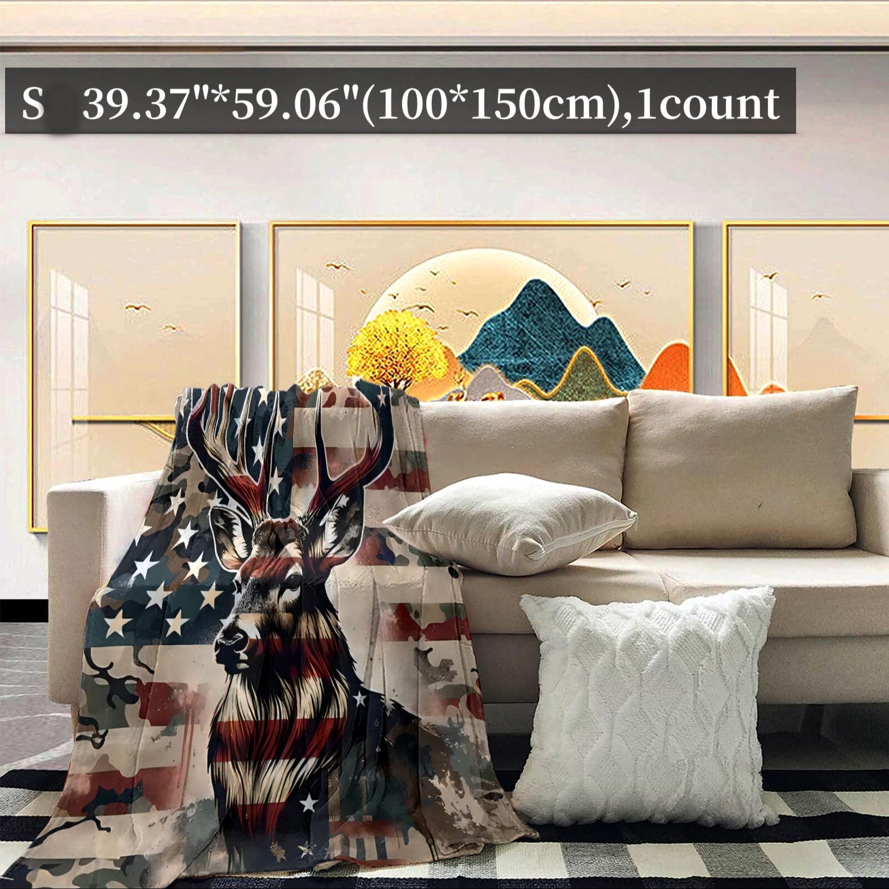 Deer & American Flag Pattern Blanket, 1 Count/2 Counts Soft Warm Throw Blanket, Air-conditioned Room Accessories Blanket for Home Office Travel Camping, Cozy Chic Blanket
