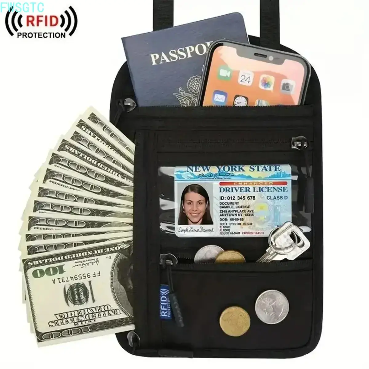 Unisex RFID Blocking Mesh Nylon Neck Wallet, Adjustable Strap Concealable Passport Holder Multi-Functional Crossbody Pouch, Anti-Theft Secure Storage Bag Essential Accessory For Business Trips Outdoor Travel Daily Commute