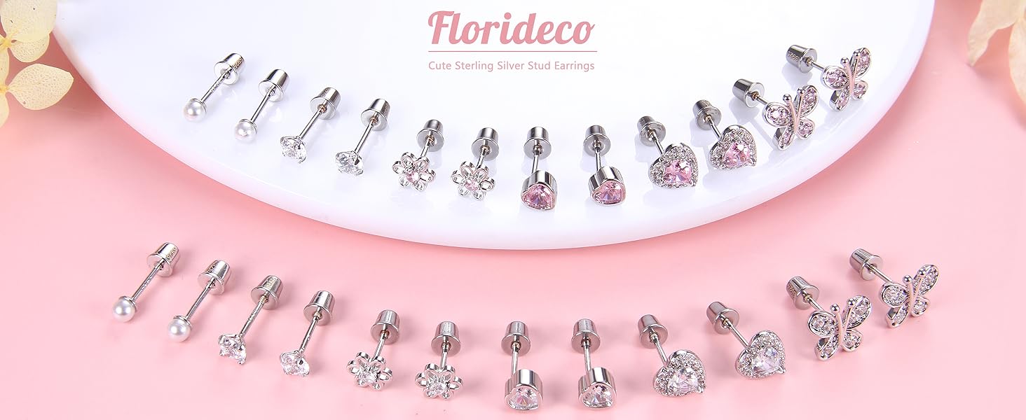 Florideco 6 Pairs Hypoallergenic Earrings S925 Sterling Silver Stud Earrings for Women Heart CZ Pearl Butterfly Stud Earrings Set S925 Sterling Silver Screwback Earrings for Women