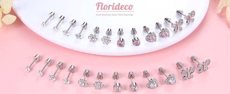 Florideco 6 Pairs Hypoallergenic Earrings S925 Sterling Silver Stud Earrings for Women Heart CZ Pearl Butterfly Stud Earrings Set S925 Sterling Silver Screwback Earrings for Women