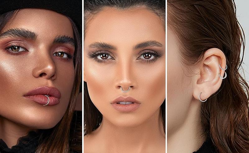 Jstyle 9Pcs 16g 18g Septum Rings Surgical Steel Nose Rings Hoop For Women CZ Opal Septum Rings Clicker Hinged Segment Nose Rings Lip Helix Cartilage Conch Daith Rook Piercing Jewelry 8mm 10mm Daily