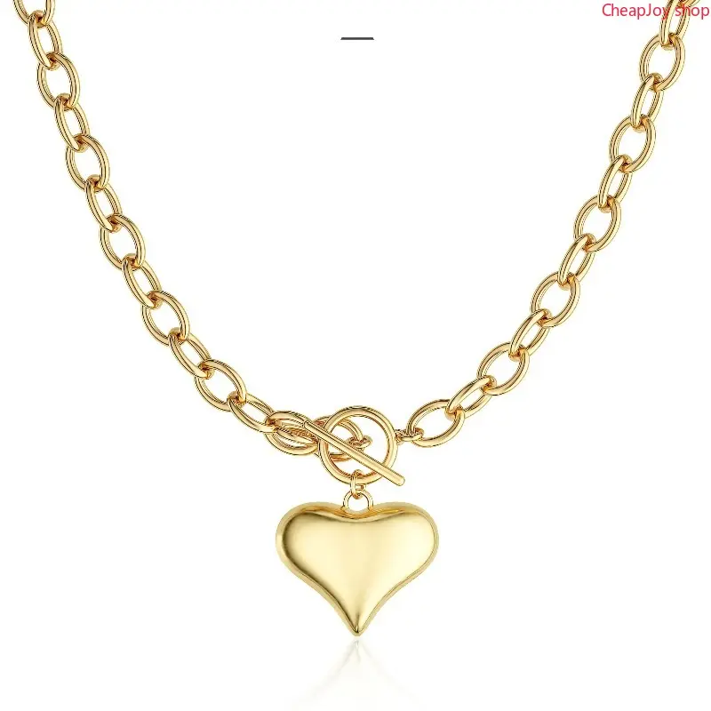 2026 Gold Large O-Link Chain Puffy Heart Pendant Necklace for Women, Shiny Smooth Statement Necklace For Valentineday summerwins
