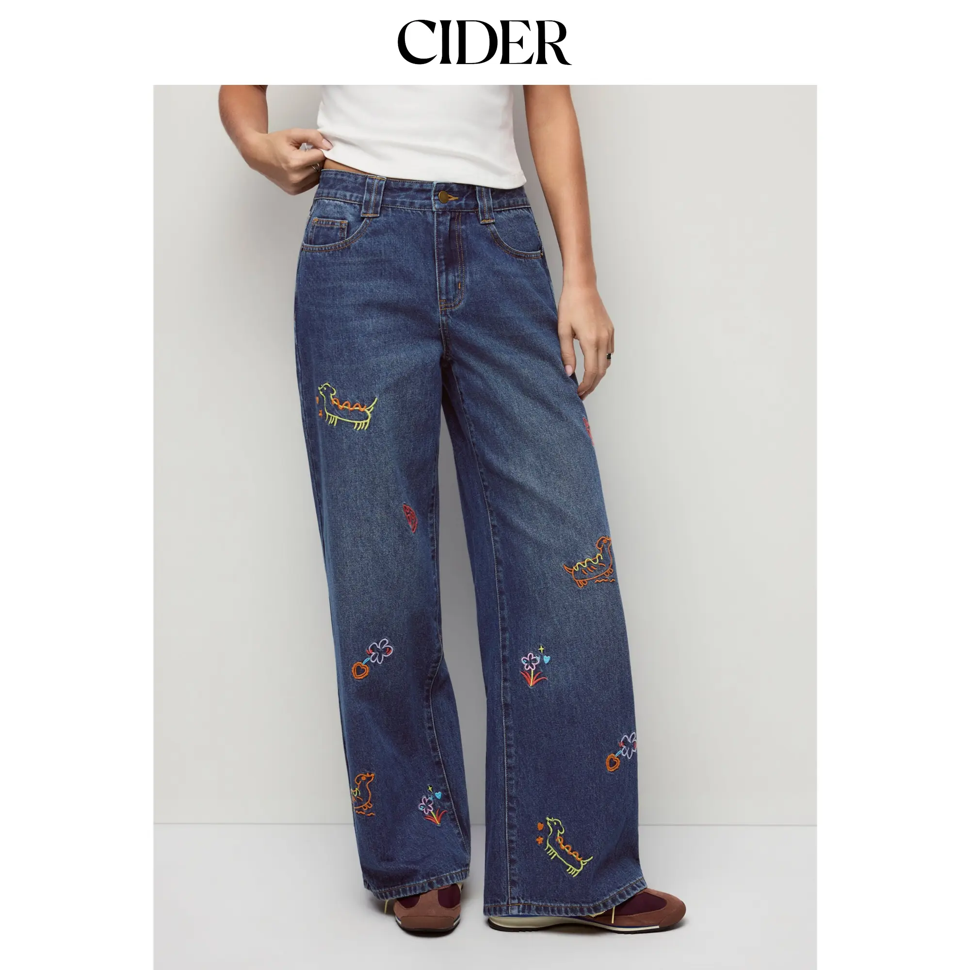 Cider Denim Low Rise Animal Graphic Embroidery Metal Detail Wide Leg Jeans