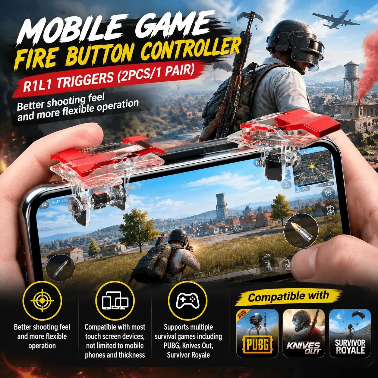 2-Piece Set Non-Slip Mobile Game Controller, Mobile Phone Game Fire Button Controller and Joystick Survival Grip R1L1 Triggers for Knives Out, Rules, PUBG