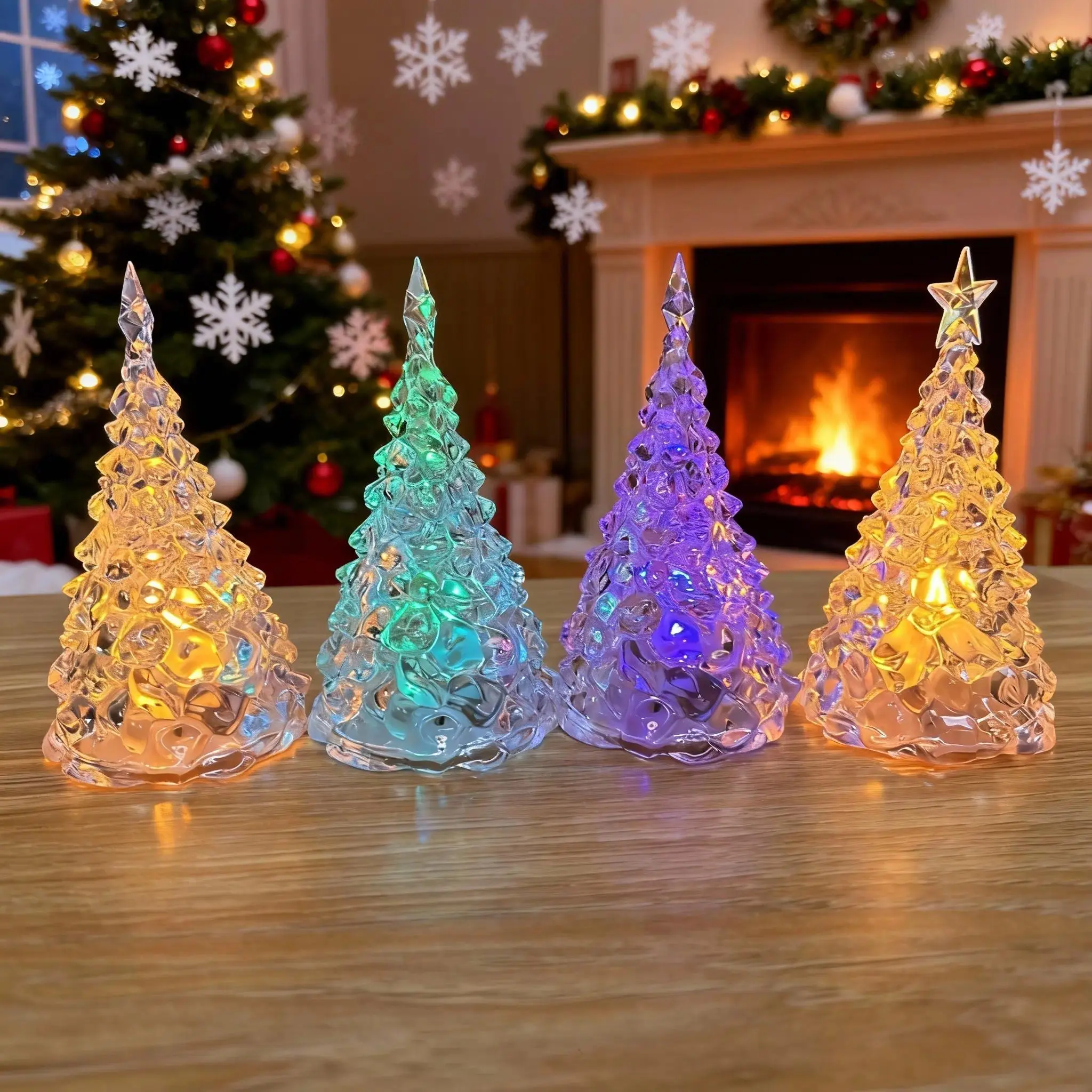 Christmas Injection-Molded Crystal Lamp, Pyramid & Star Christmas Tree, Warm Light/Colorful Lights, Holiday Decor Gift Star Tree Night Light, Mini LED Christmas Desktop Ornament, Small Ambient Lighting, Perfect for Christmas Decorations