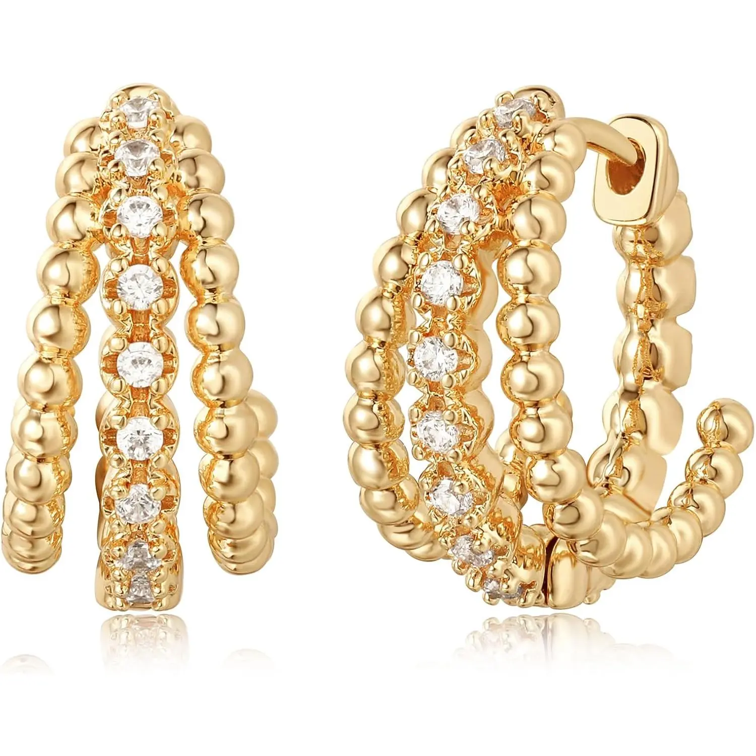 Chunky Huggie Hoop Earrings for Women Starburst Beaded Styles | 18K  Plated Brass, Triple Or Single Cubic Zirconia  Details, Graduated Rounded Profile, Front Stone Row