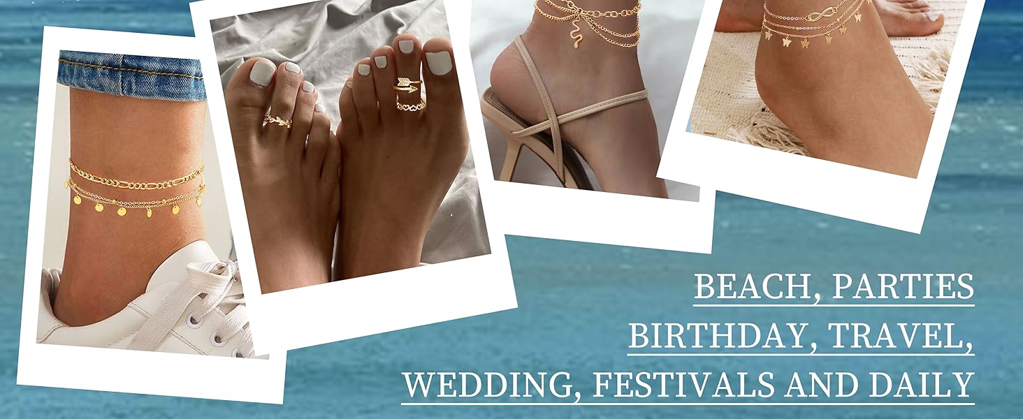 FUNRUN Toe Rings and Ankle Bracelets for Women Silver Rose Gold Plated Anklet Toe Rings Cute Layered Anklets Open Tail Rings Adjustable Beach Foot Jewelry for Summer