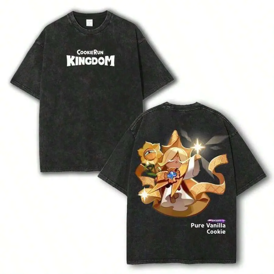 Cookie Run Kingdom Game Black Washed Graphic Tee Double Side Cookie Run Kingdom Text And Pure Vanilla Cookie Character Art Vintage Cartoon Streetwear Loose Fit Casual Cotton Top For Urban Everyday Outfit