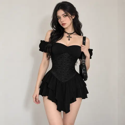 Women's Gothic Halloween Off-Shoulder Chiffon A-Line Mini Dress Costume - Ruched Jacquard Waist, Ruffle Trim, Fitted Lace Fabric Style, Dark Romantic Spooky Party Bottom Outfit