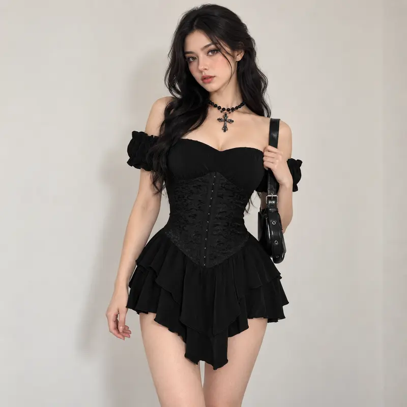 Women's Gothic Halloween Off-Shoulder Chiffon A-Line Mini Dress Costume - Ruched Jacquard Waist, Ruffle Trim, Fitted Lace Fabric Style, Dark Romantic Spooky Party Bottom Outfit