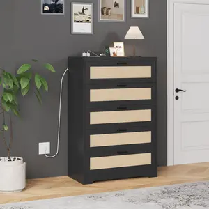 Modern Rattan Entryway Storage Chest with 5 Drawers & Built-in Power Outlets, Tall Wooden Hallway Cabinet with Metal Pull Handles, Multipurpose Organizer for Bedroom, Living Room & Hallway